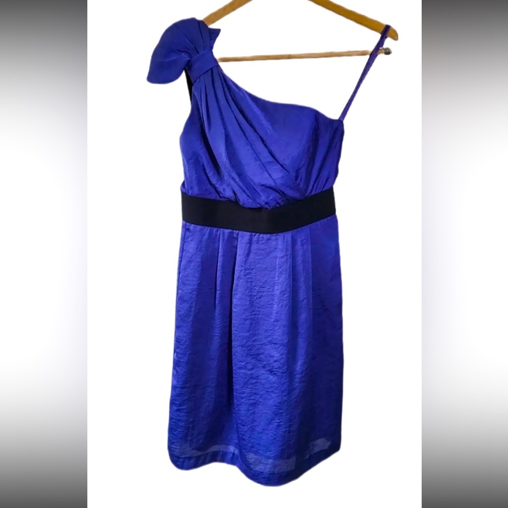 Women's Size 2 Purple Satin Mini Dress One-Shoulder Empire Waist Black Trim BCBG